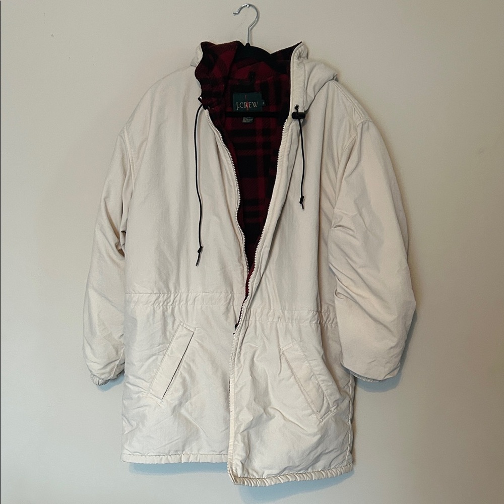Vintage J. Crew Cream Hooded Jacket with Buffalo Plaid Lining